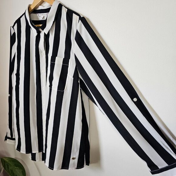 NEW WITHOUT TAGS TOMMY HILFIGER BLACK WHITE STRIPED BUTTON DOWN SHIRT XL - Picture 8 of 16